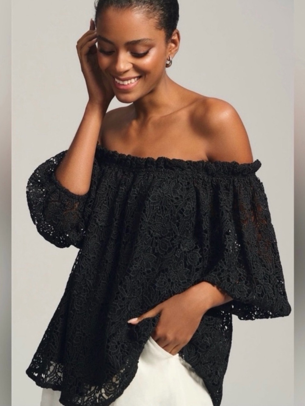Anthropologie Black Off-Shoulder Lace Tunic